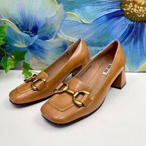 Anthropologie Bibi Lou Valencia Leather Loafer Heels in Camel Patent  37 / US 7